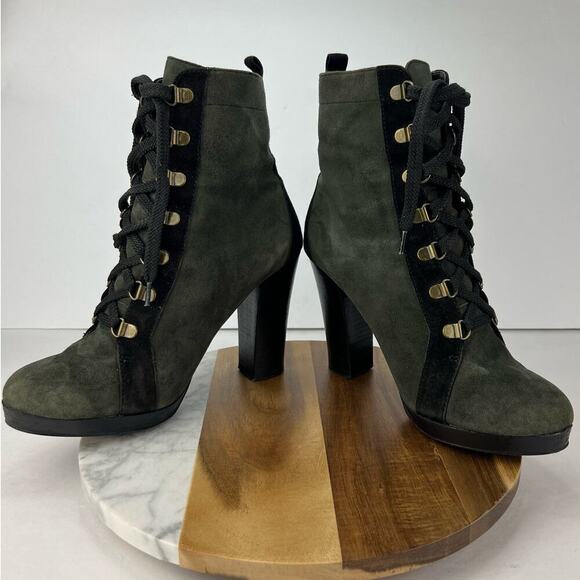 Colin Stuart Black Green Leather Suede Lace Up Steampunk Boots 8.5 Chunky Heel - Picture 6 of 10